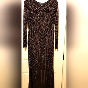 Xscape Black Long Sleeve Beaded Evening Gown